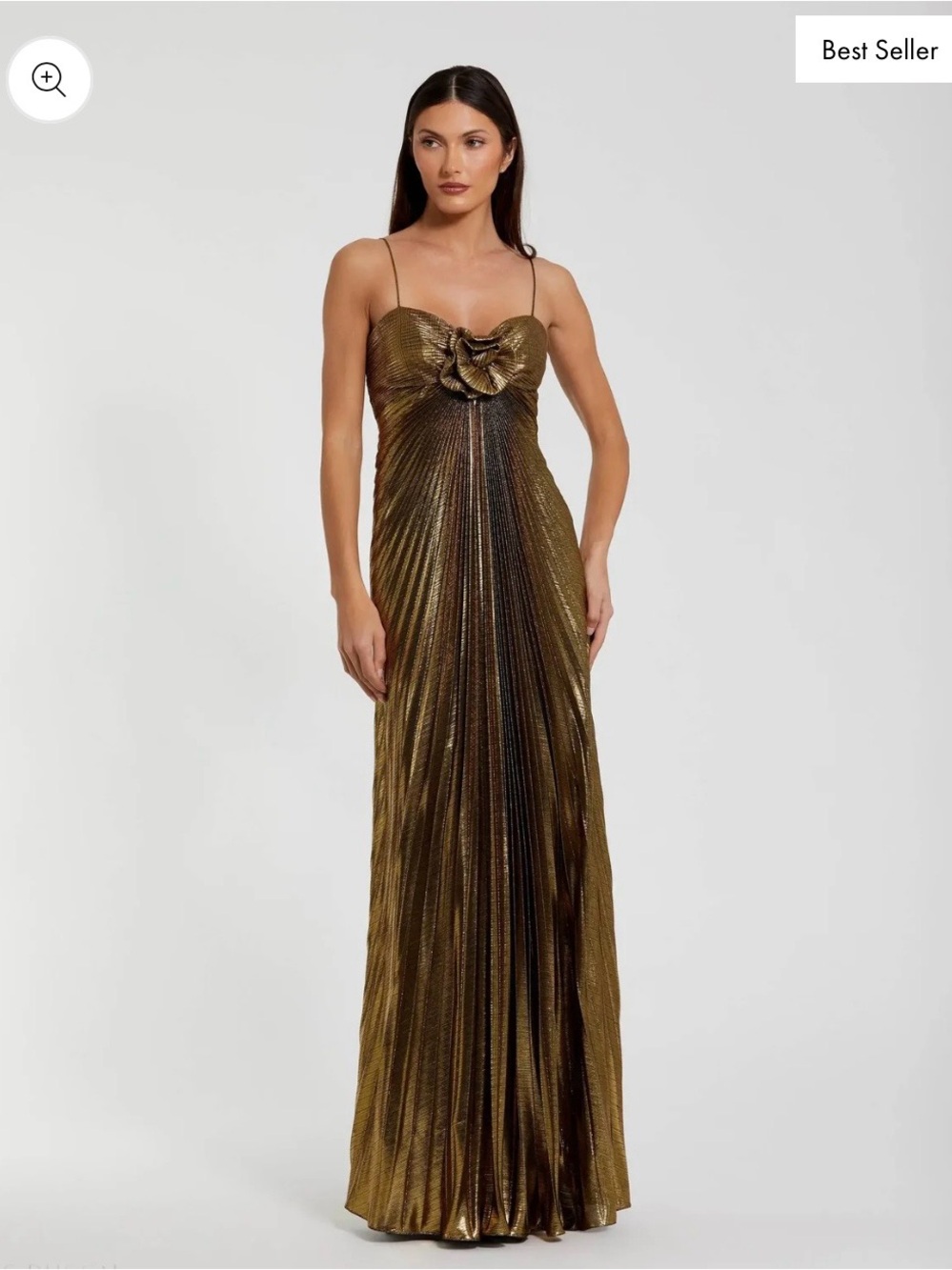 Mac Duggal Gold Metallic Pleated Maxi with Bow Detail